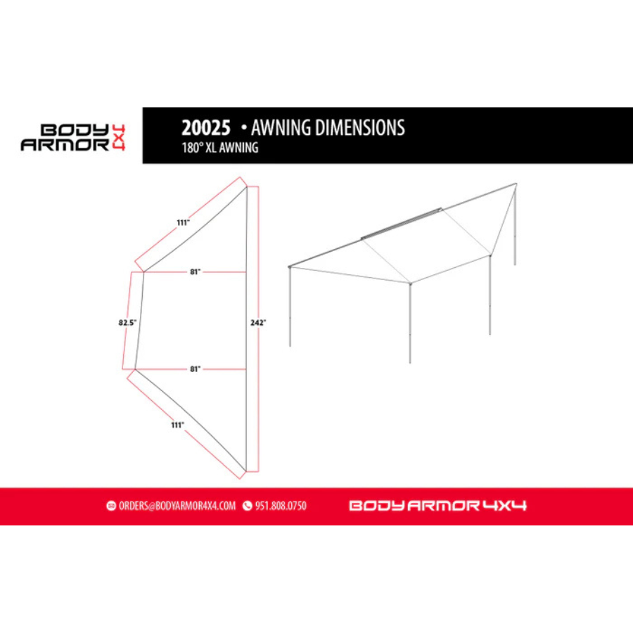 Body Armor 4x4 SKY RIDGE 180XL AWNING WITH MOUNTING BRACKETS dimensions