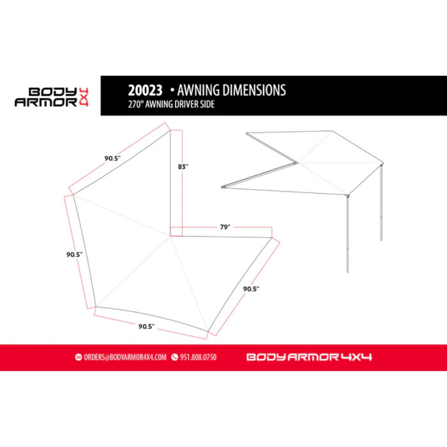 Body Armor 4x4 Sky Ridge 270 Awning Driver Side With Mounting Brackets dimensions