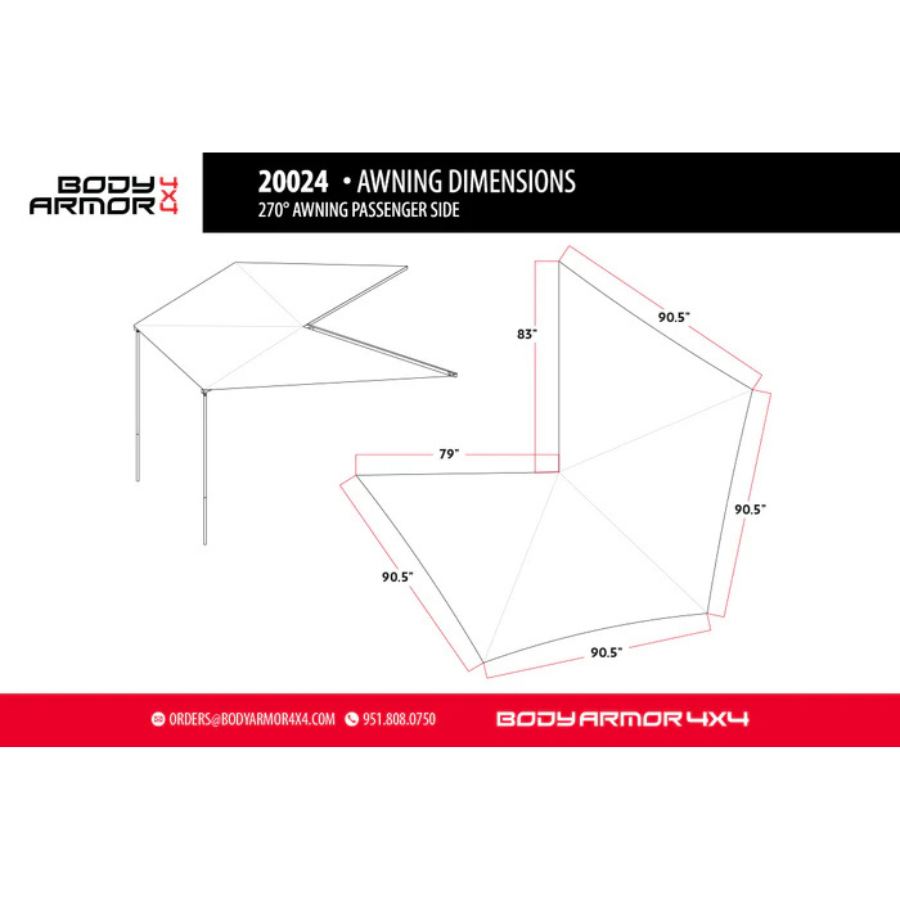 Body Armor 4x4 Sky Ridge 270 Awning Passenger Side With Mounting Brackets dimensions