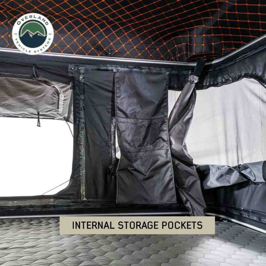 OVS HD Bundu Pop Up Hard Shell Roof Top Tent, Grey Body & Green Trim internal storage pockets