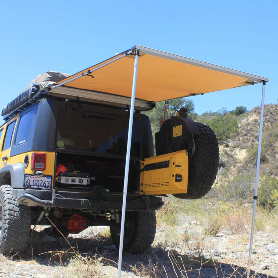 Tuff Stuff Overland Truck or Car Awning, 4.5x6 Feet, Poly-Cotton Ripstop Fabric, Tan rear left view