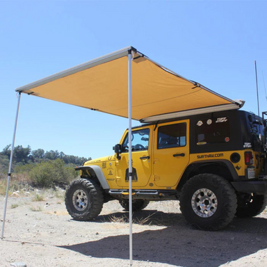 Tuff Stuff Overland Truck or Car Awning, 6.5x8 Feet, Poly-Cotton Ripstop Fabric, Tan front corner view