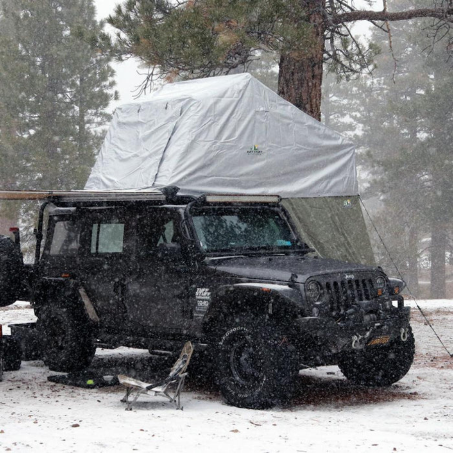 Tuff Stuff Overland Xtreme Weather Covers, Fits Softshell RTTs, Silver left rear view in snow with annex