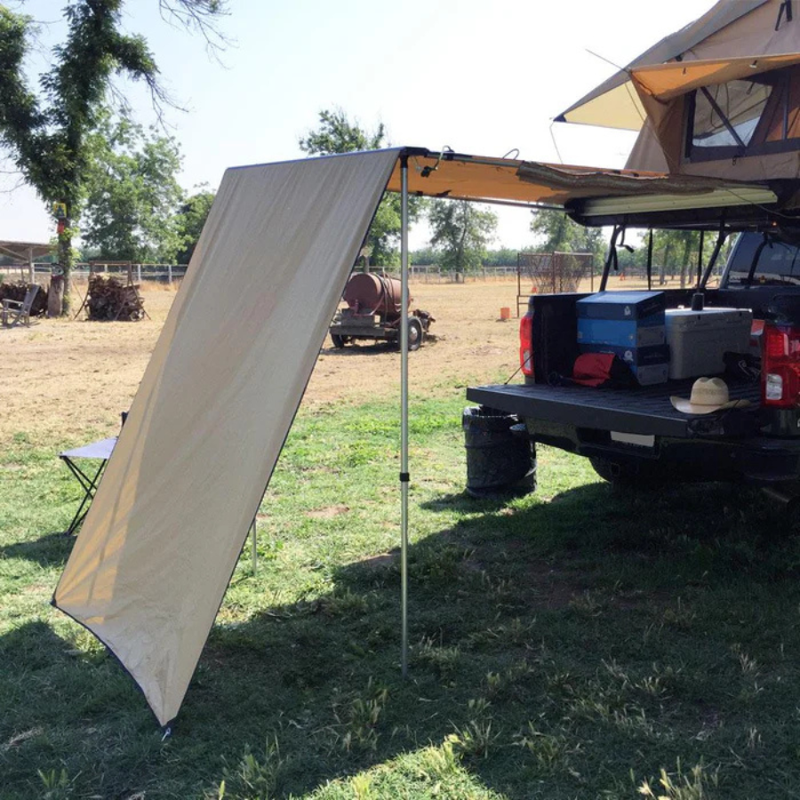 Tuff Stuff Overland Truck or Car Awning Shade Wall, 4.5x6 Feet, Poly-Cotton Ripstop Fabric, Tan front right view