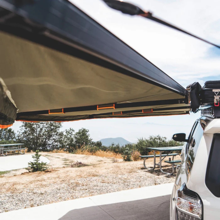 Tuff Stuff Overland 180 Degree Awning, XL, Driver or Passenger Side, C-Channel Aluminum, Olive rear view close up