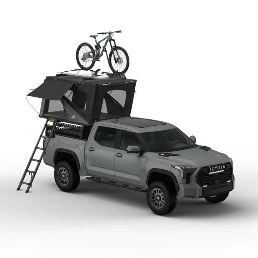 Tuff Stuff Overland Alpine 61 Hardshell Rooftop Tent, Aluminum, 2-3 Person, Black fully open with bike and surfboard mounted