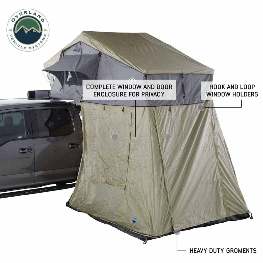 OVS HD Nomadic 4 Roof Top Tent Annex Green Base With Black Floor & Travel Cover with door and window covers closed 