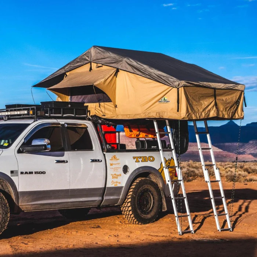 Tuff Stuff Overland Elite Rooftop Tent Includes Annex Room, 4-5 Person, Tan front left view