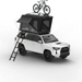 Tuff Stuff Overland Alpine 51 Hardshell Rooftop Tent, Aluminum, 2 Person, Black with bike and surfboard mounted on top