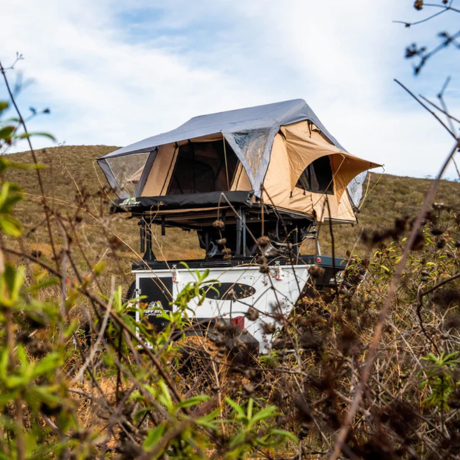 Tuff Stuff Overland Trailhead Rooftop Tent, 2 Person, Tan outdoor on trailer