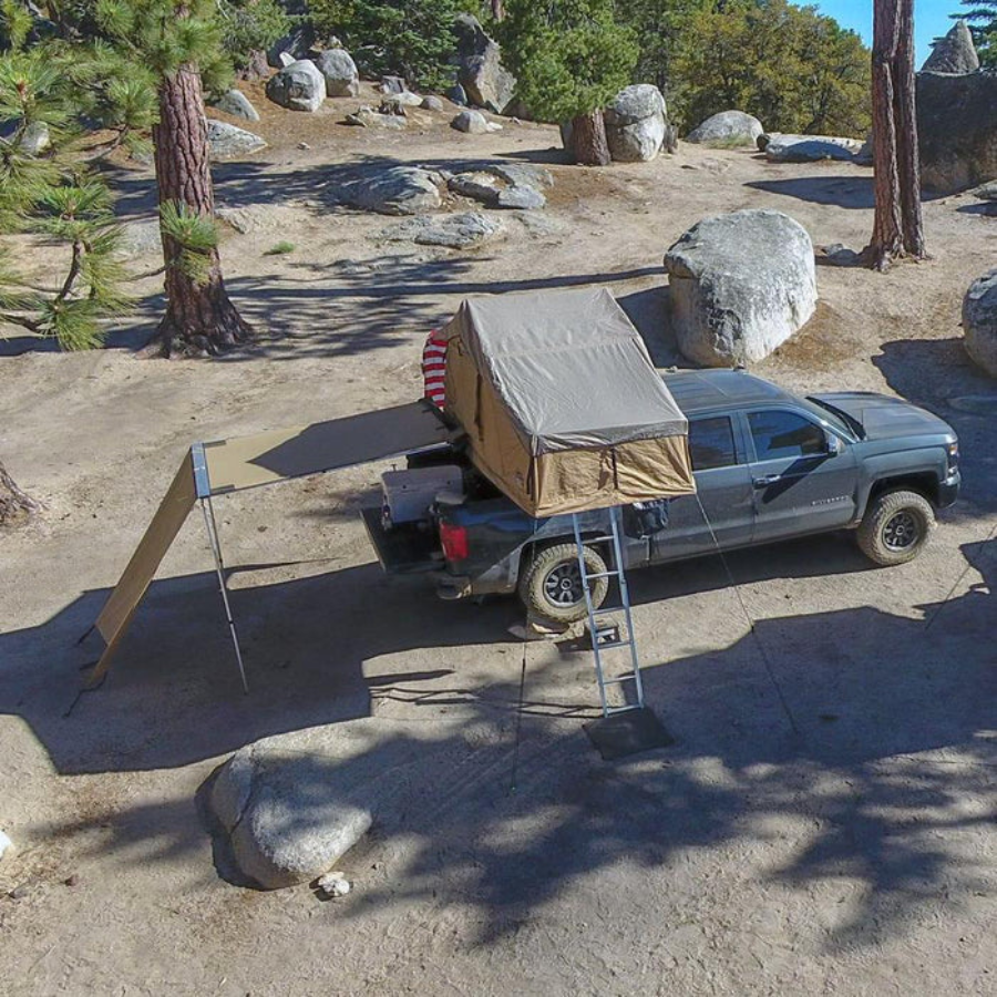 Tuff Stuff Overland Truck or Car Awning, 4.5x6 Feet, Poly-Cotton Ripstop Fabric, Tan top view with roof top tent