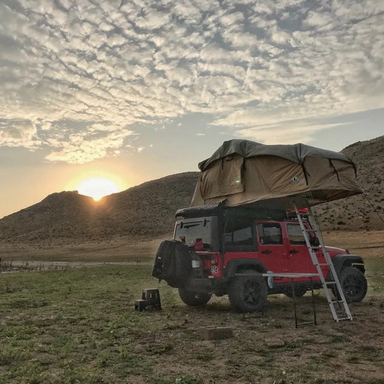 Tuff Stuff Overland Ranger 65 Rooftop Tent, 3 Person, Tan front left view