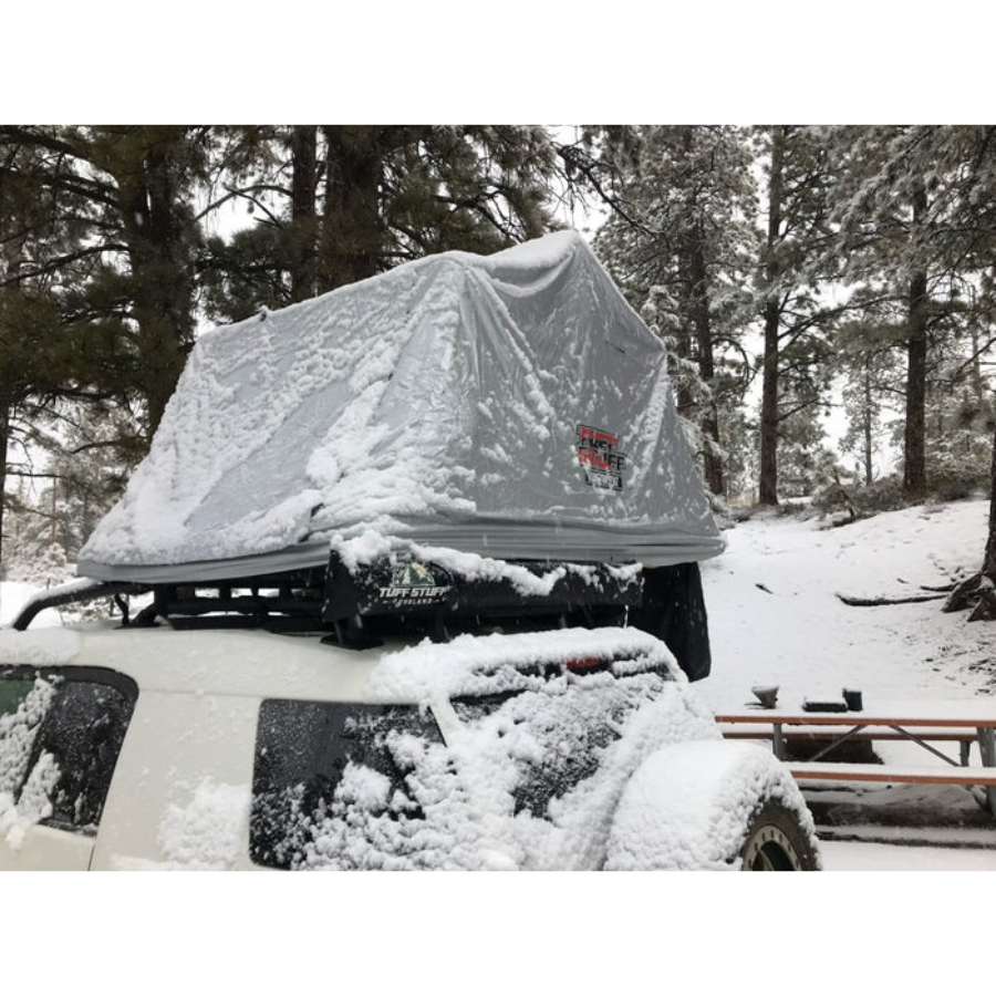 Tuff Stuff Overland Xtreme Weather Covers, Fits Softshell RTTs, Silver left rear view in snow