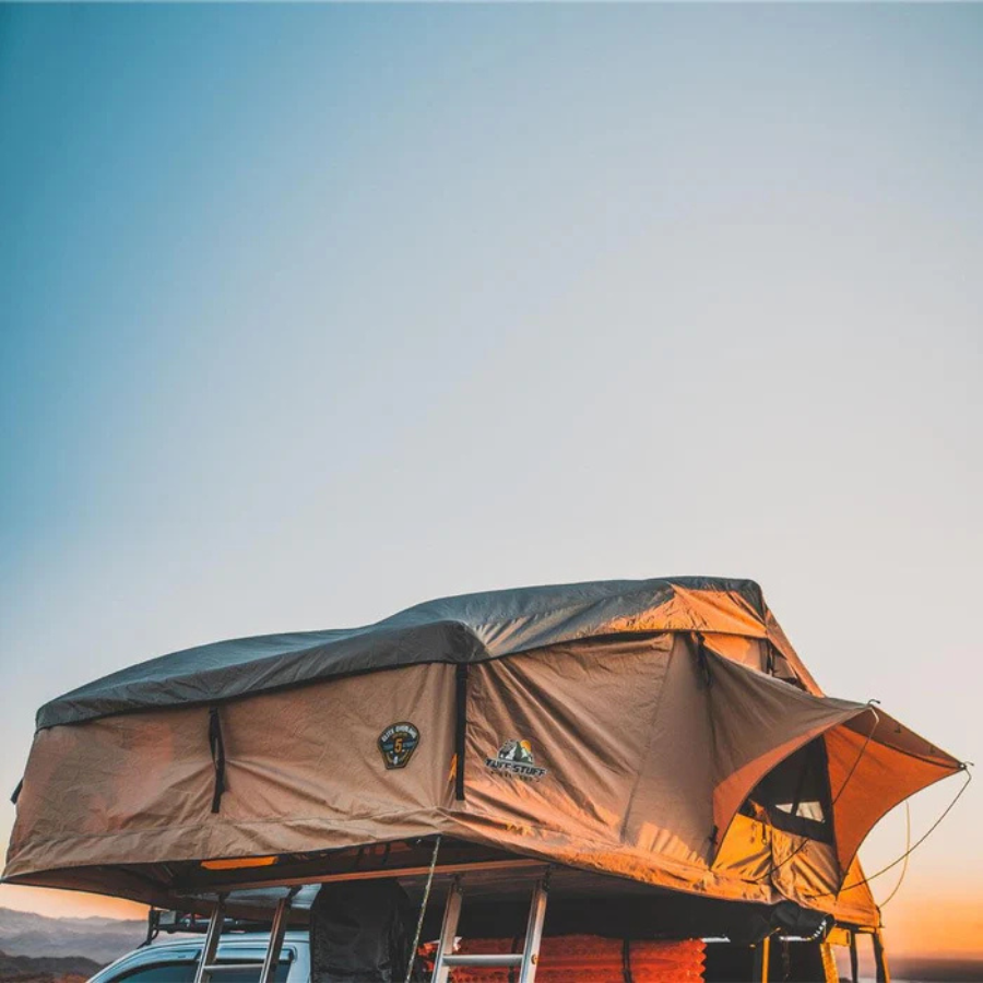 Tuff Stuff Overland Elite Rooftop Tent Includes Annex Room, 4-5 Person, Tan front right bottom view