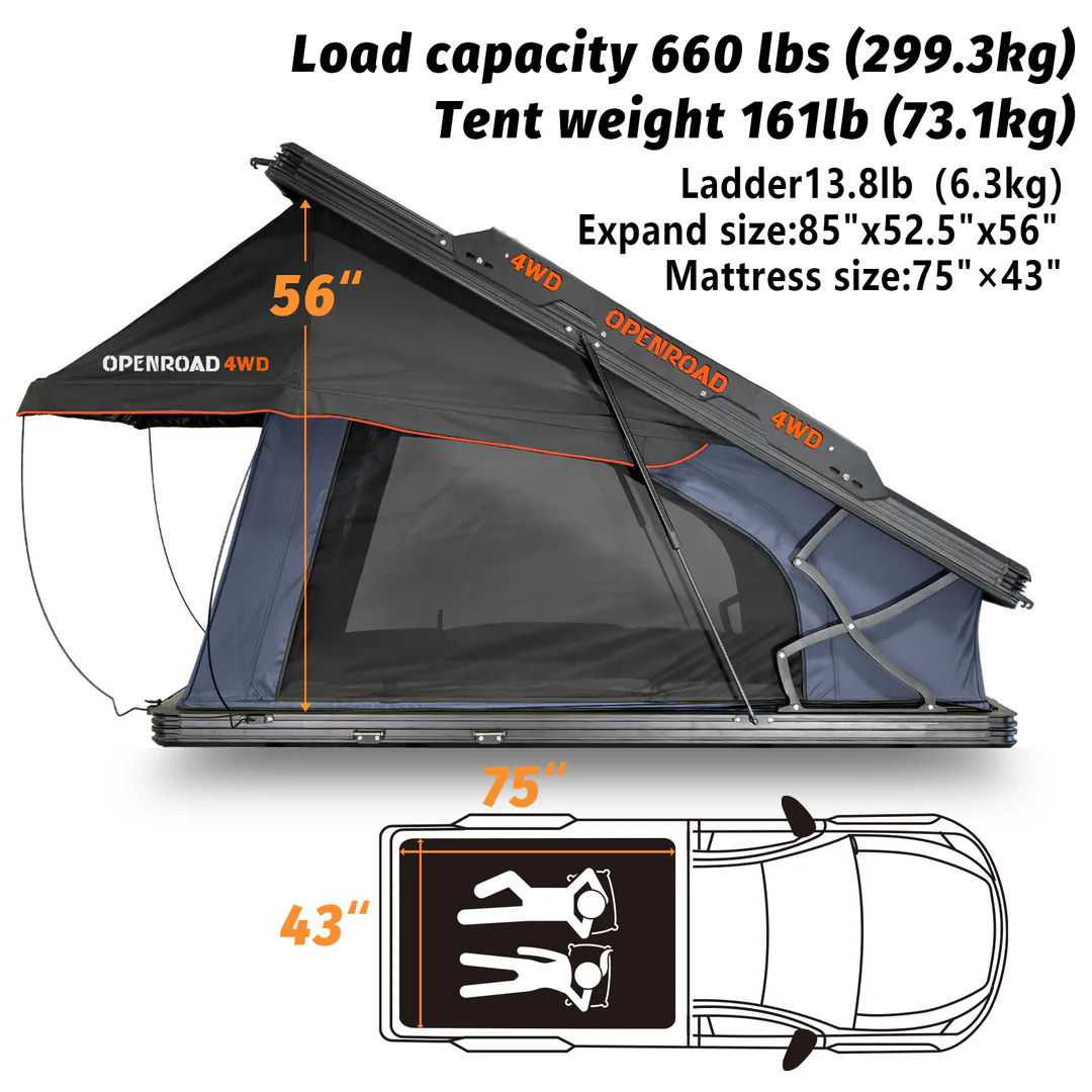 OPENROAD Aluminum Hard Shell Best Roof Top Tent-PeakRoof LT Series weights and dimensions 