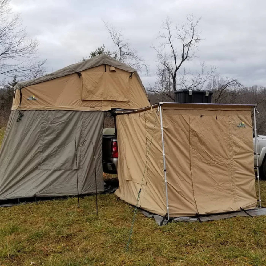 Tuff Stuff Overland Awning Shelter Room w/ PVC Floor, 280G Material, 6.5'x8' front view with roof top tent and annex