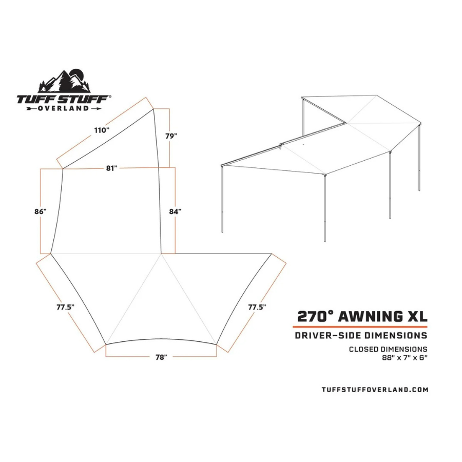 Tuff Stuff Overland 270 Degree Awning, XL, Driver Side, C-Channel Aluminum, Olive dimensions