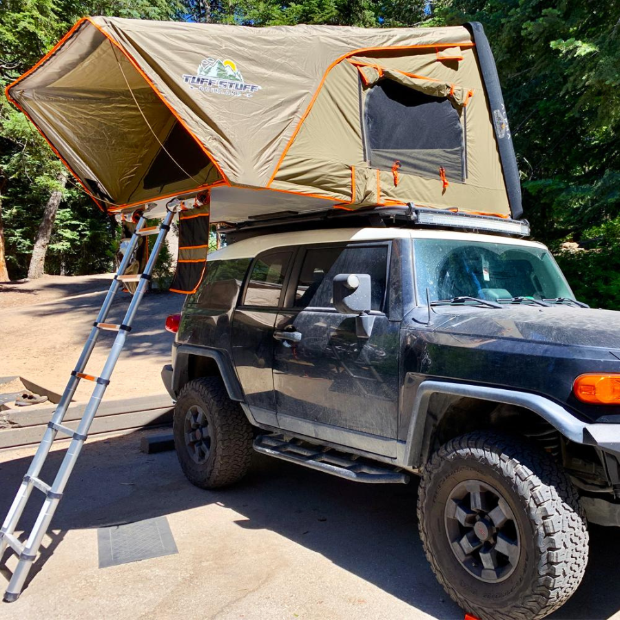 TUFF STUFF OVERLAND  ALPHA HARDSHELL ROOFTOP TENT, ABS, 2-3 PERSON, BLACK on fj cruiser