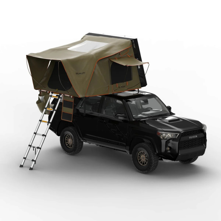 TUFF STUFF OVERLAND  STEALTH HARDSHELL ROOFTOP TENT, ALUMINUM, 3 PERSON, BLACK front corner profile on 4runner