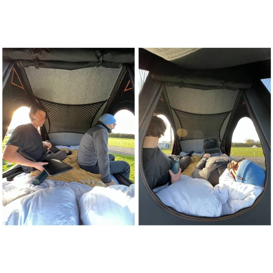 TentBox Cargo 1.0 Rooftop Tent multiple images of interior with two people inside