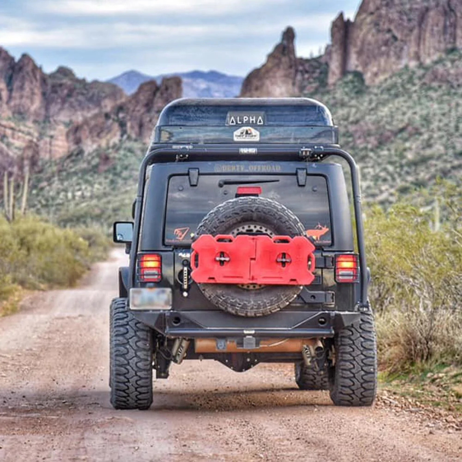 TUFF STUFF OVERLAND  ALPHA HARDSHELL ROOFTOP TENT, ABS, 2-3 PERSON, BLACK close on jeep rear view