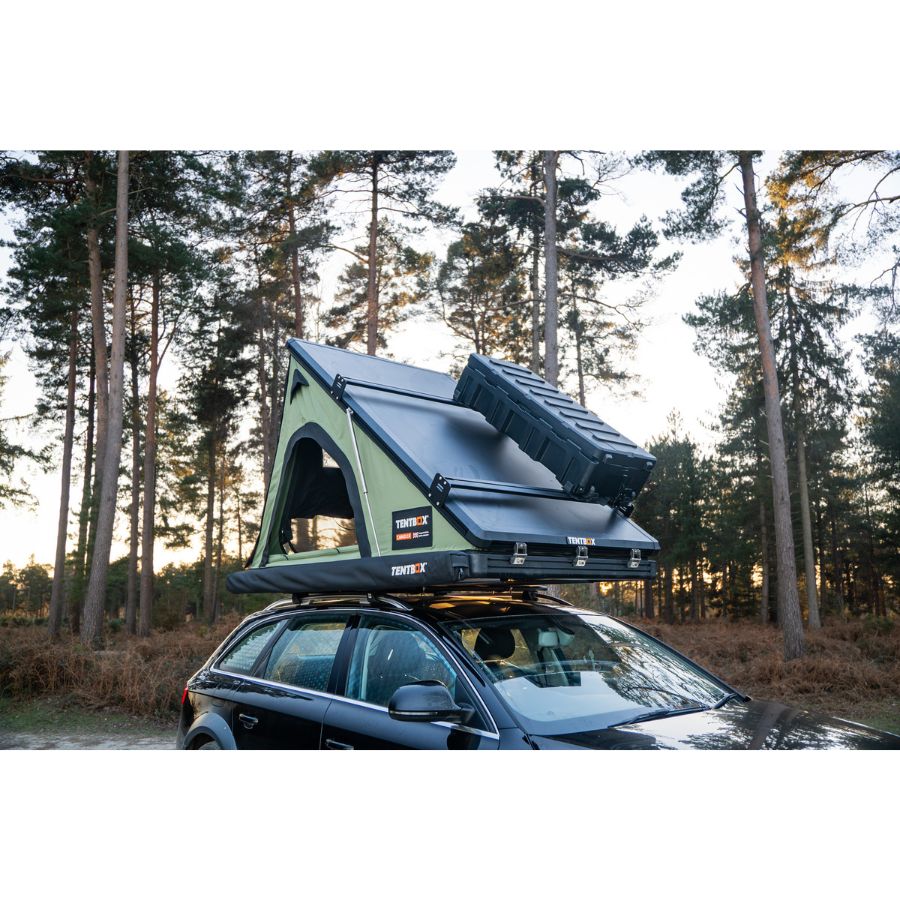 TentBox Cargo 2.0 Rooftop Tent corner view with cargo box mounted on tent