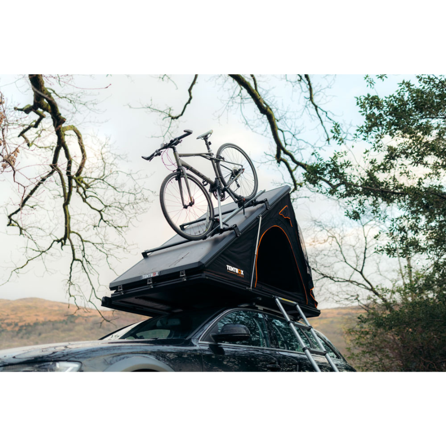 TentBox Cargo 1.0 Rooftop Tent front corner view with bike on tent rack