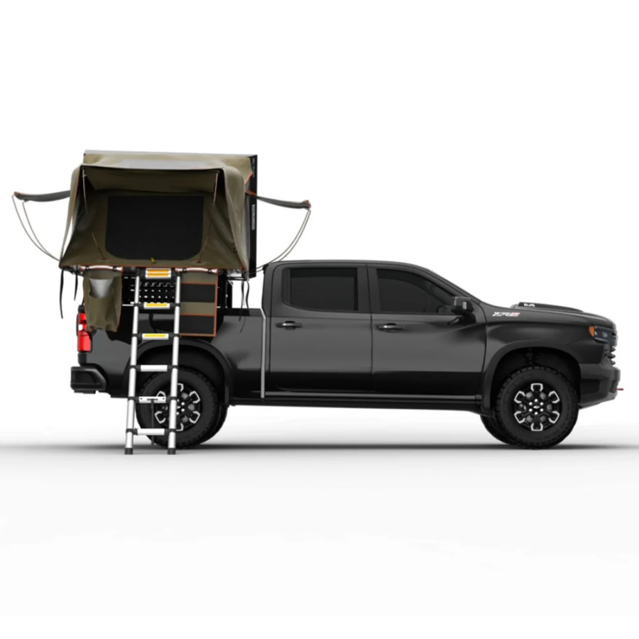 TUFF STUFF OVERLAND  STEALTH HARDSHELL ROOFTOP TENT, ALUMINUM, 3 PERSON, BLACK side profile on chevy