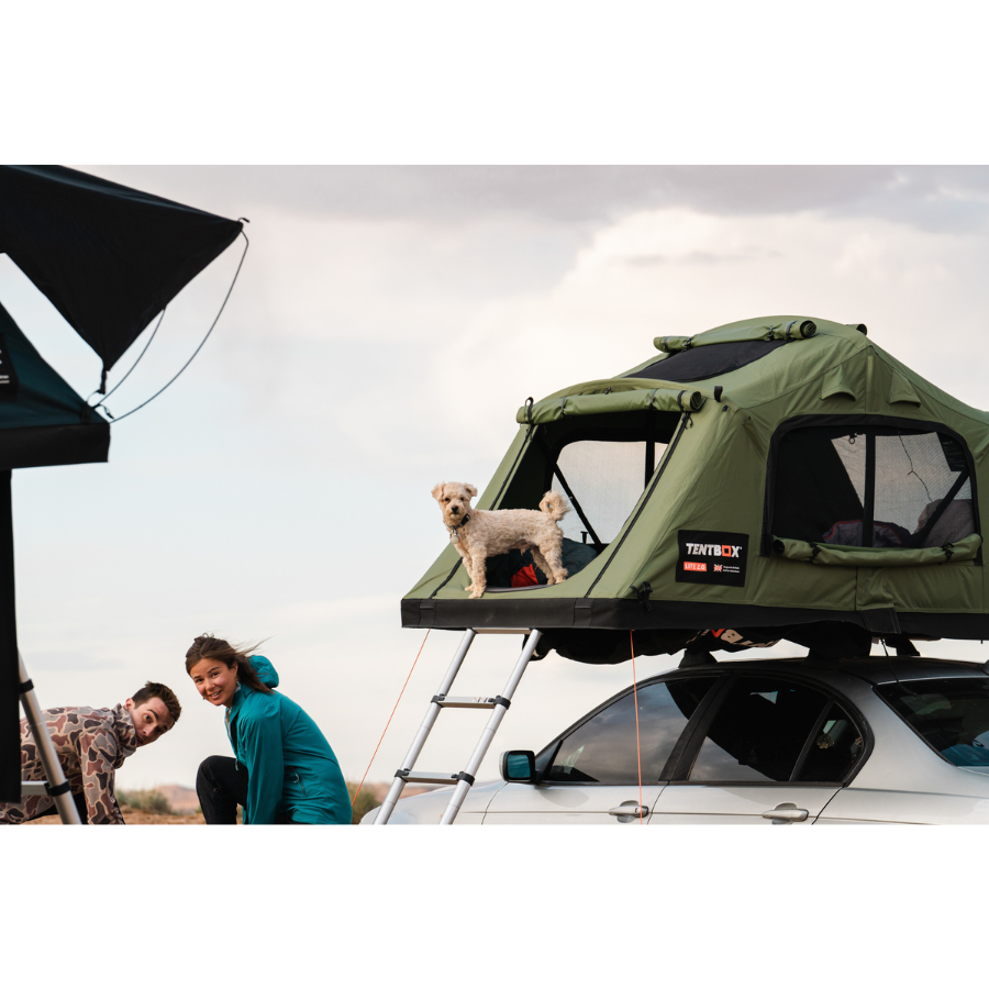 TentBox Lite 2.0 Rooftop Tent side view with dog inside